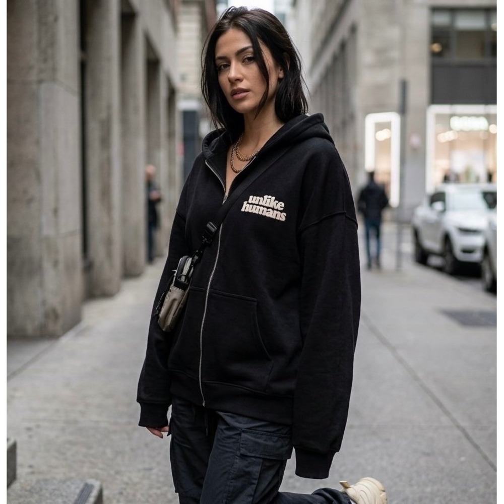 Unlike Humans Black Zip Up Hoodie Bubble Logo Fleece Sweatshirt Size M